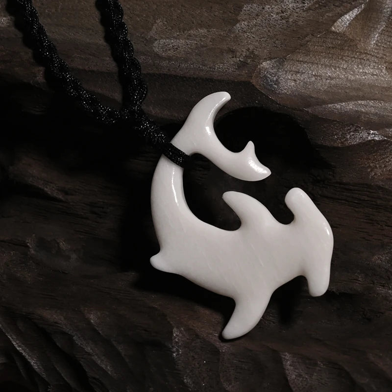 Tribal Hammerhead Shark Bone Pendant Necklace | Hand Carved Maori Amulet Jewelry additional angle