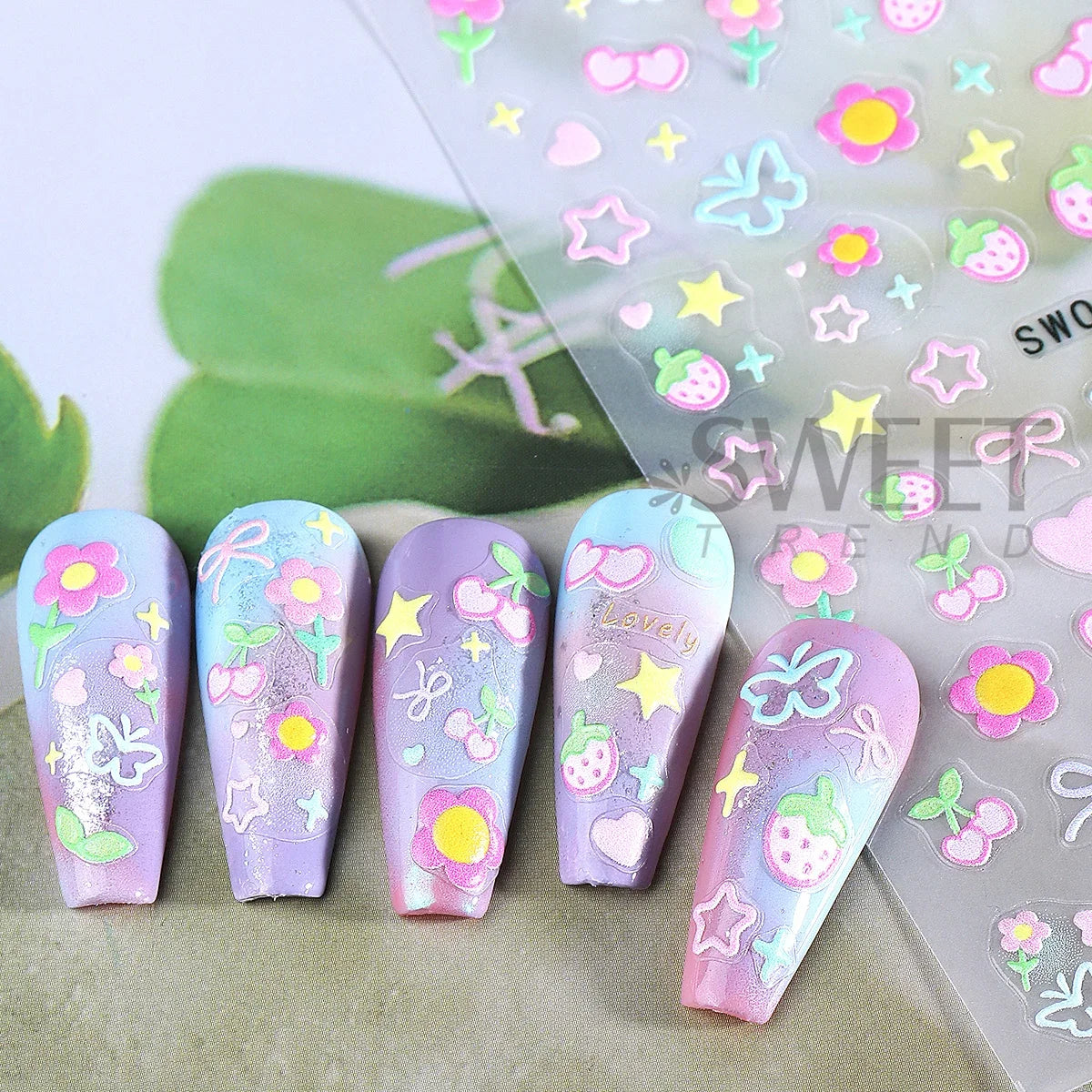 2pcs Sweet Element Nail Art Stickers Simple Flower Heart Cherry Strawberry Kawaii Deca close-up view