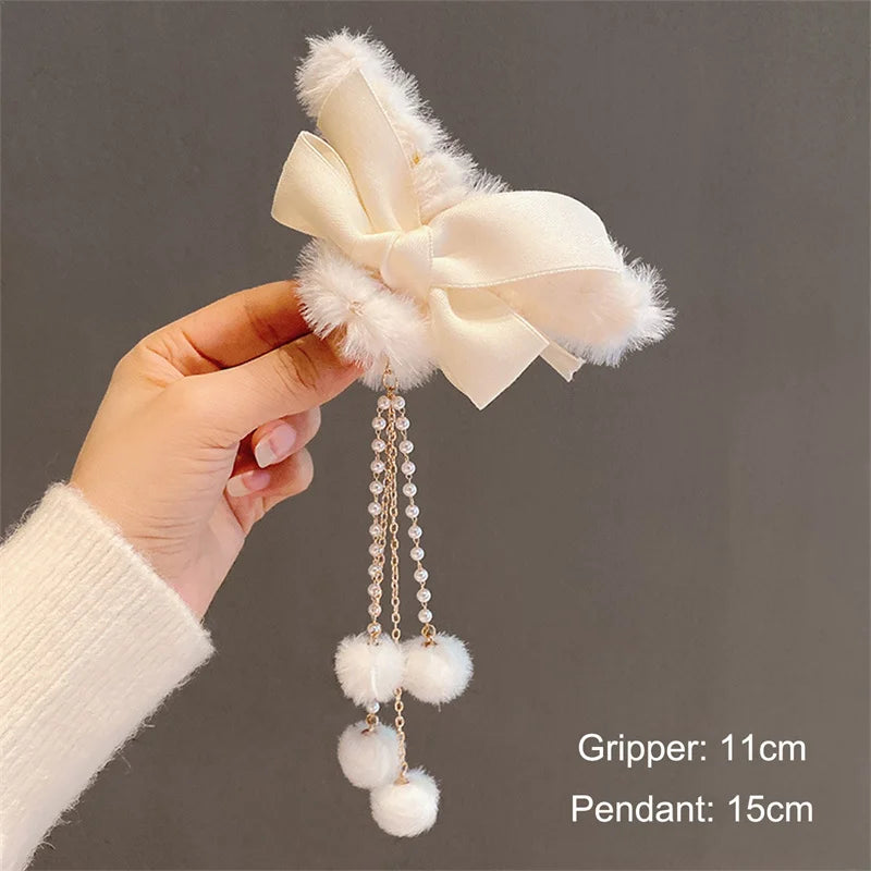 New Fashion Women Soft Plush Bow Pearl Tassel Hair Claw Clips Elegant Hair Clips Headwear
