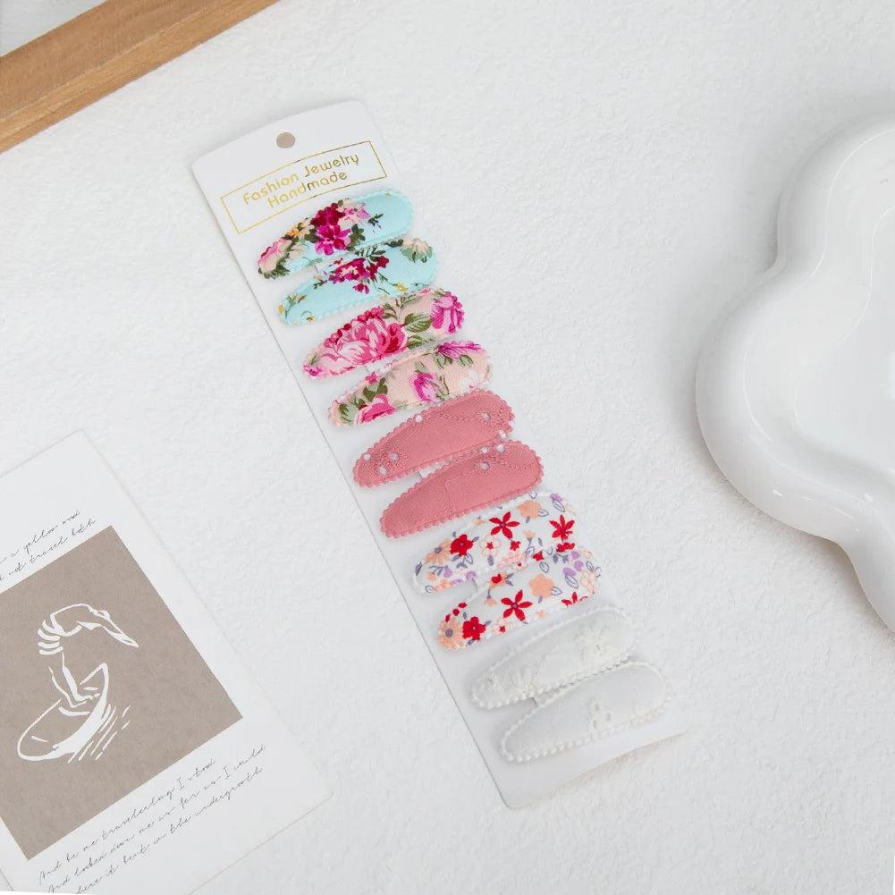 10Pcs/Lot Ins 6cm Flower Print Cotton Alloy Hair Bow Snap Clips Set Fabric Plaid Bobby Hairpins Hairgrips Girls Kids Headwear