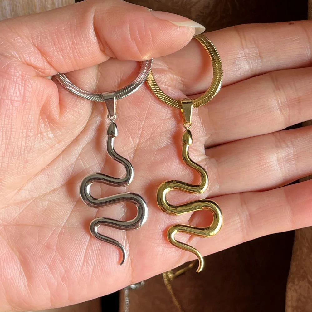 Flat Snake Chain Snake Pendant Necklace | Stainless Steel Choker Jewelry for Women close-up view