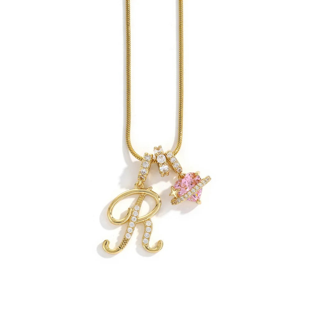 Gold Color Zircon Flower Pendant Necklace Female A-Z 26 Letter Alphabet Wedding Jewelr close-up view