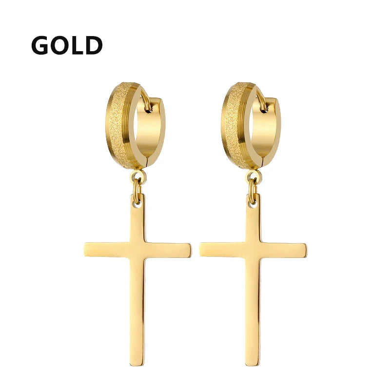 2pc Stainless Steel Men Cross Stars Punk Dangle Earrings Gothic Woman Cross Ear Hoop alternate view