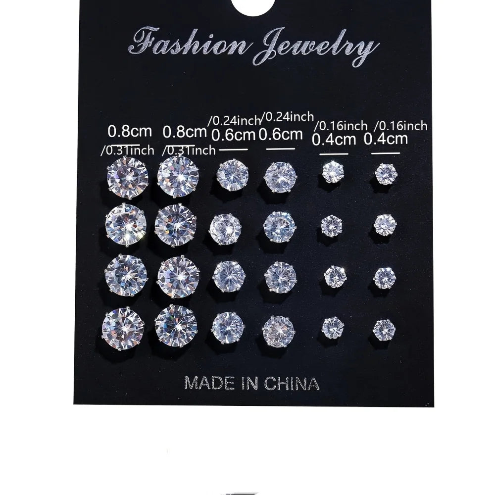 12 Pairs Set Stainless Steel Silver Color CZ Stud Earrings with Gemstone Buds Round E alternate view
