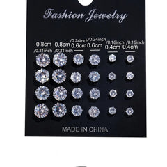 12 Pairs Set Stainless Steel Silver Color CZ Stud Earrings with Gemstone Buds Round E alternate view