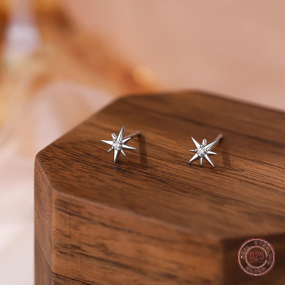 925 Sterling Silver Geometric Eight Star Stud Earrings for Women Funny Korean Zircon Small Earring W