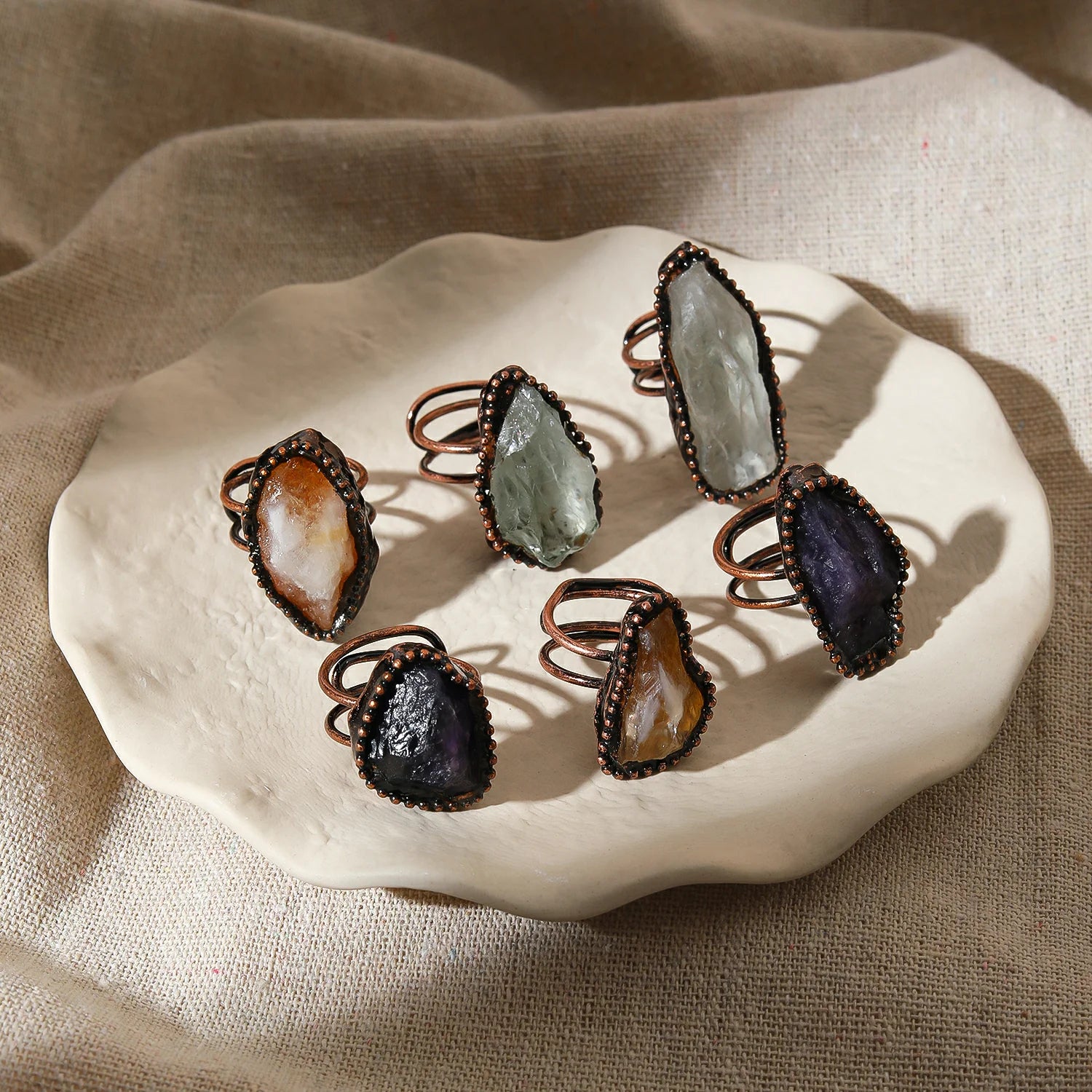 Irregular White Quartz Point Beads Bronze Handmade Rings Jewelry Women Natural Stone A close-up view