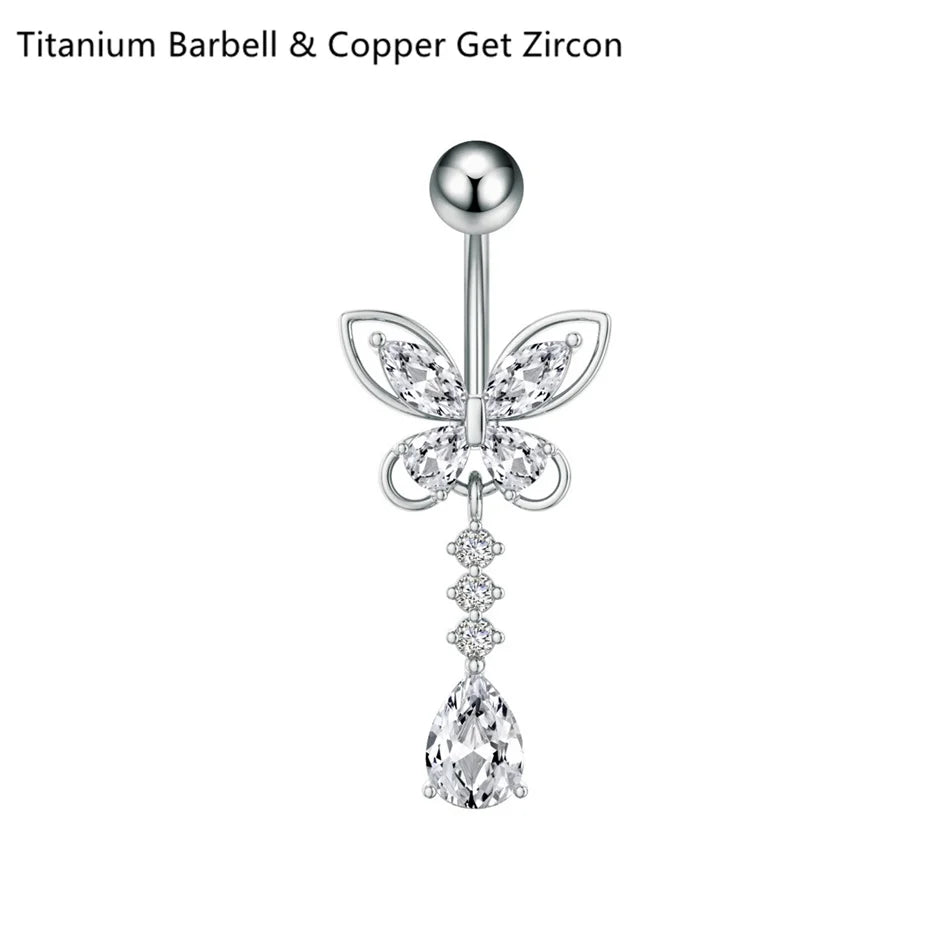14G Crystal Heart Butterfly Dangle Belly Button Rings CZ Zircon Drop Navel Barbell Be alternate view