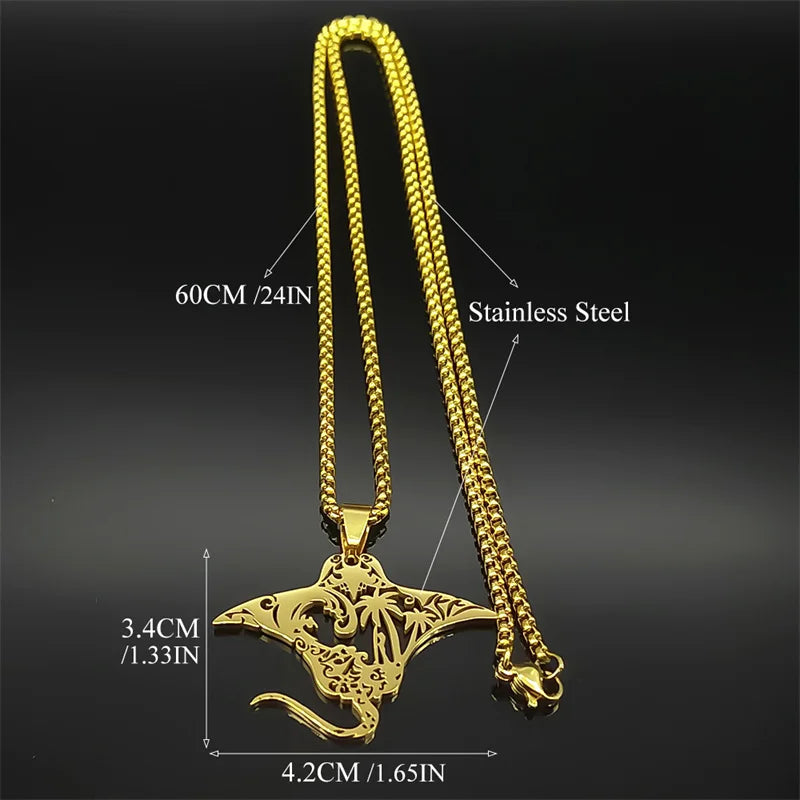 Manta Ray Sea Devil Fish Pendant Necklace | Stainless Steel Gold Silver Color Chain J lifestyle view