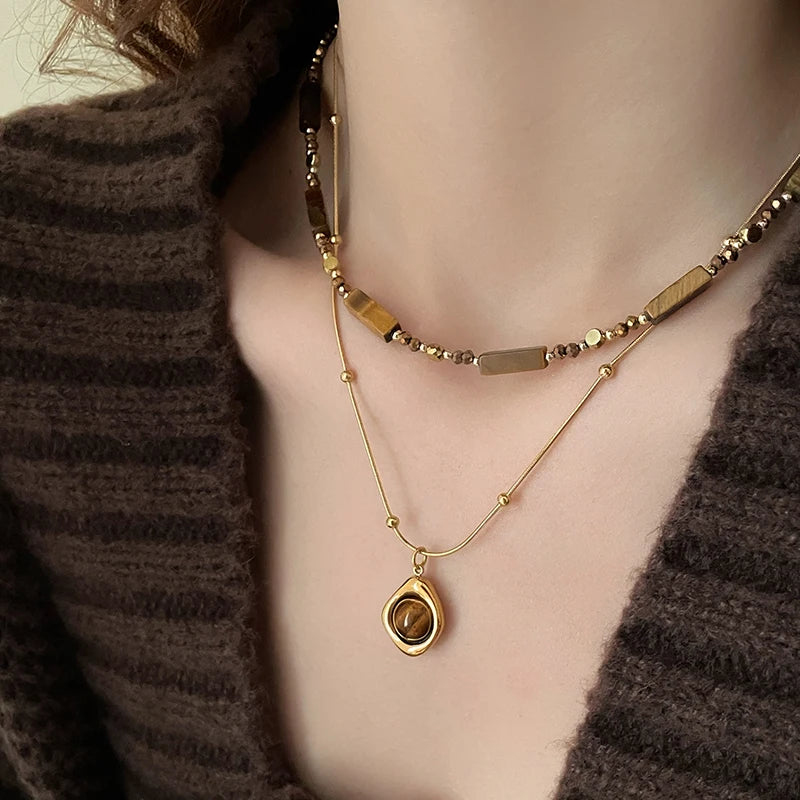 Retro Temperament Layered Tiger Eye Stone Pendant Necklace For Women Stainless Steel D close-up view