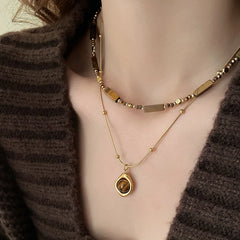 Retro Temperament Layered Tiger Eye Stone Pendant Necklace For Women Stainless Steel D close-up view