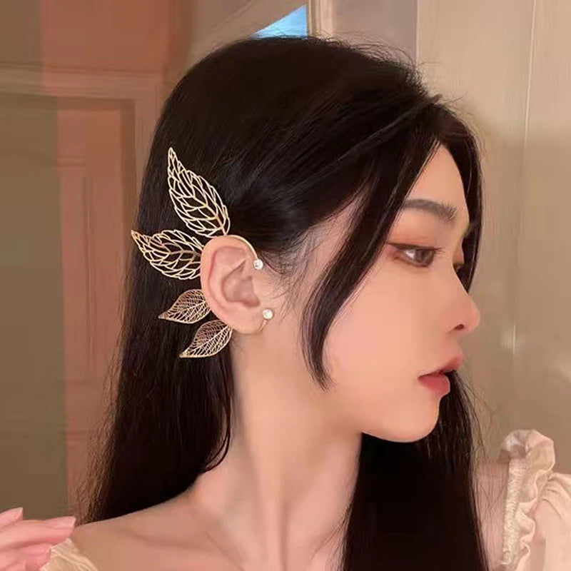 1Pc Chic Elf Ear Cuff Maple Leaf Hollowed Zircon Leaf Cosplay Fairy Earring Clips for close-up view