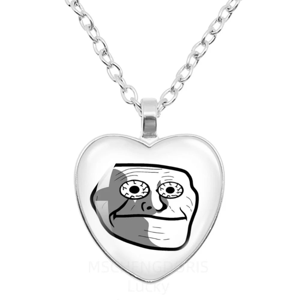 Rage Comic Necklace Derp Face Trollface Funny Meme Cartoon Glass Heart Shape Pendant alternate view