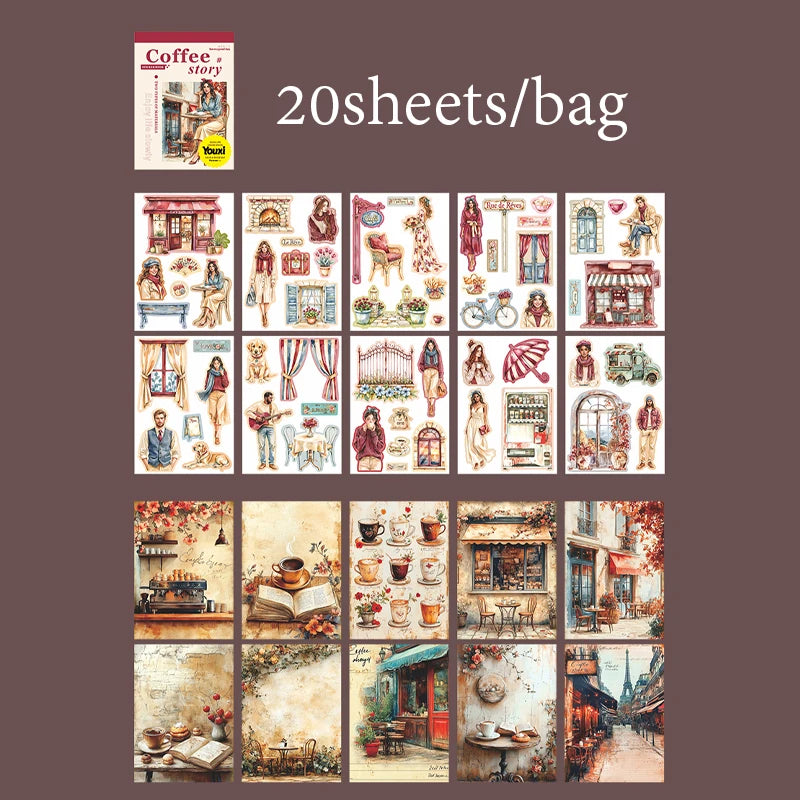 Coffee Sticker Book for DIY Scrapbooking | 20pcs Cafe Story Series detail view