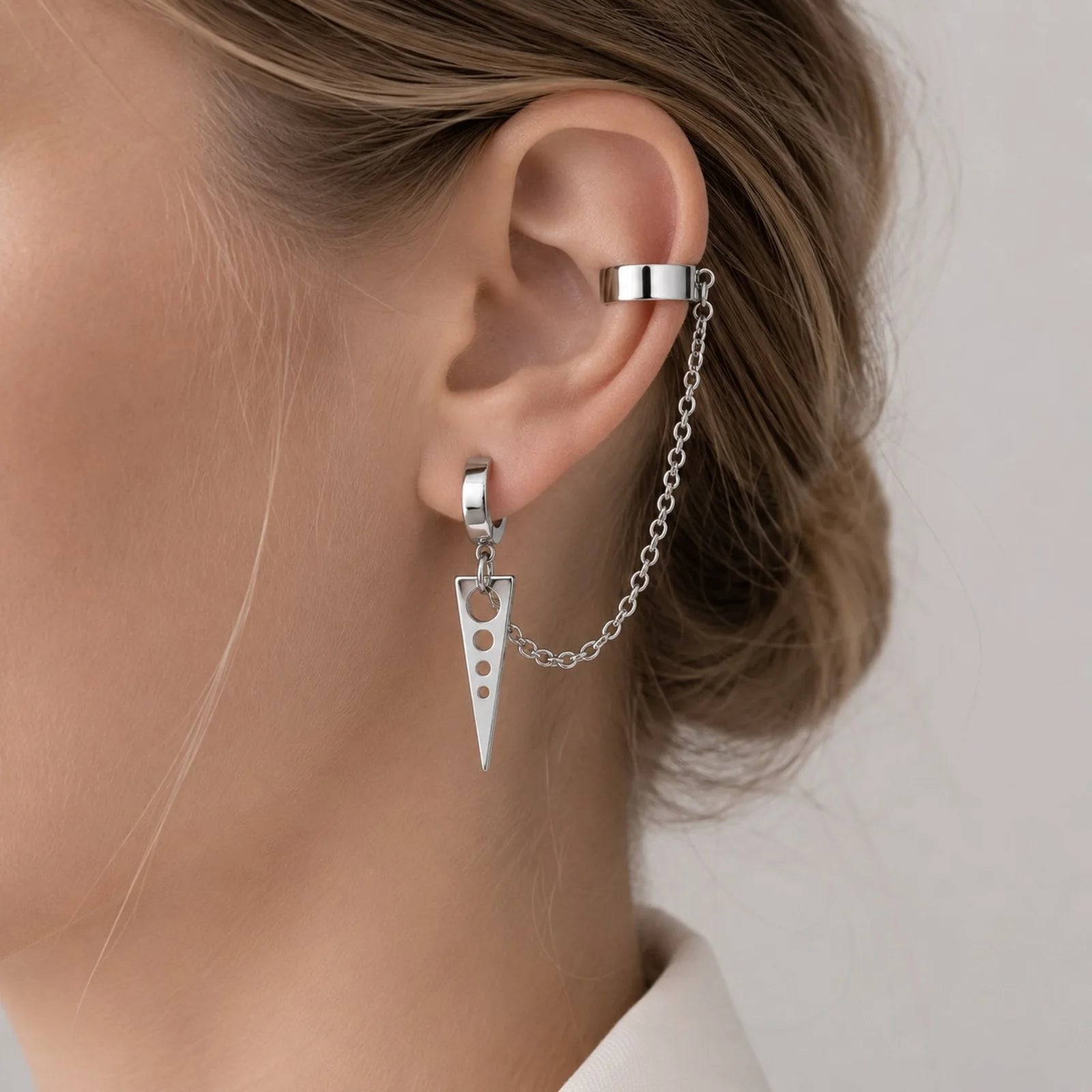 1pc Clip Earrings with Chain Stainless Steel for Women Men Punk Tassel Hoop Ear Cuffs lifestyle view