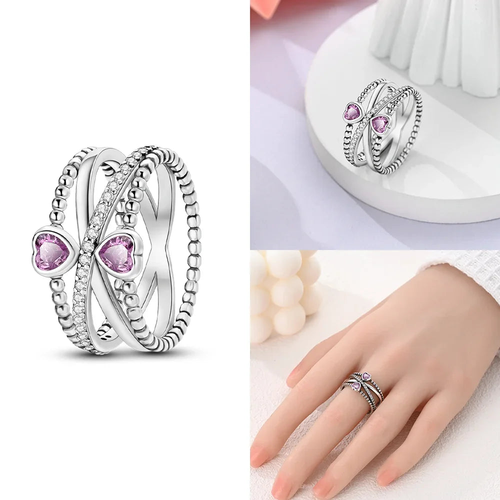 Herzförmiger Zirkon-Schleifen-Ring aus 925er Sterlingsilber | Romantischer Valentinstagschmuck