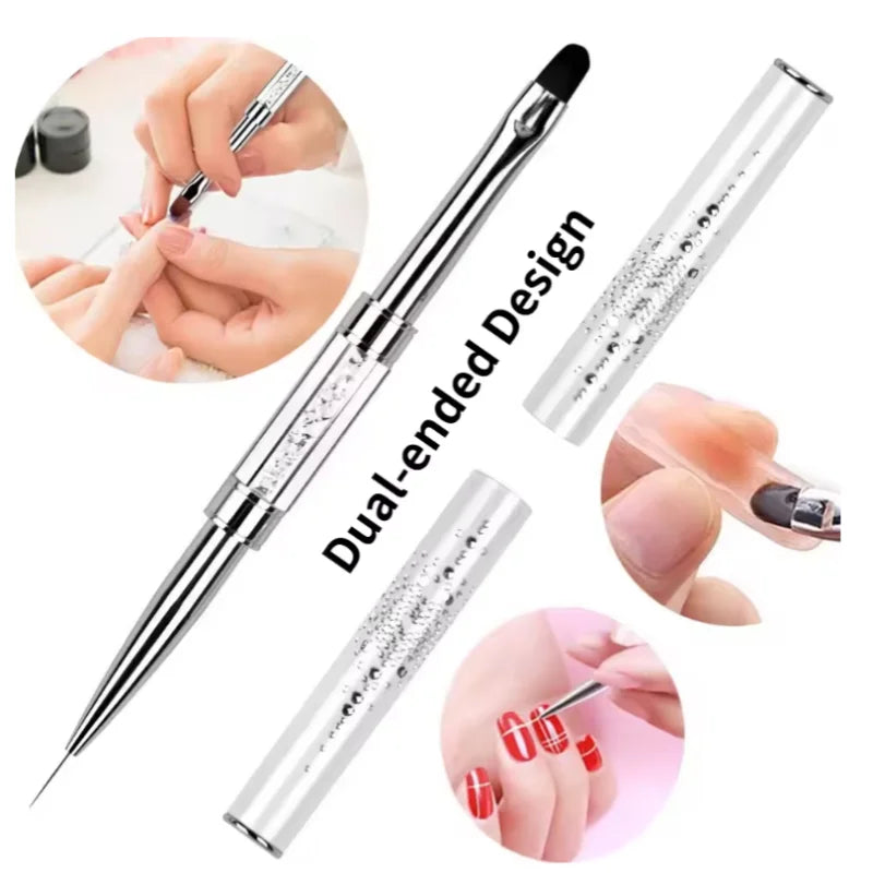 Pro Dual-Ended Builder Gel Nail Brush W/Rhinestone Handle - For French Tip, Polish Gel Liner, Manicu