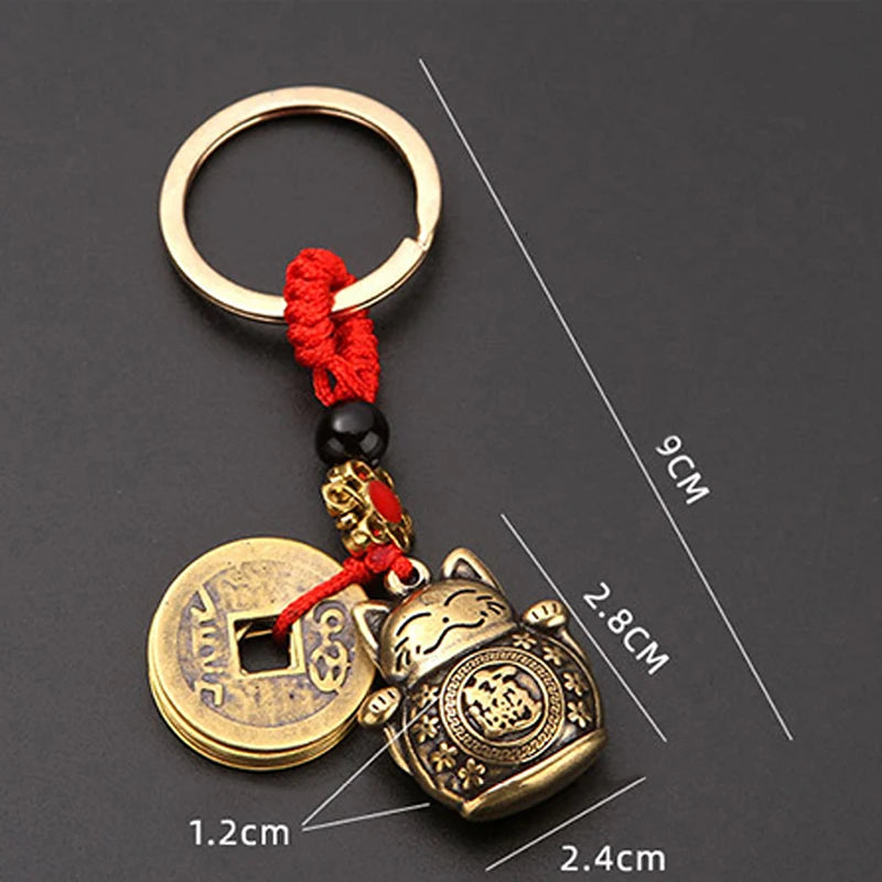 Handmade Brass Feng Shui Coins Keychain | Lucky Cat Car Keychain with Five Emperors additional angle