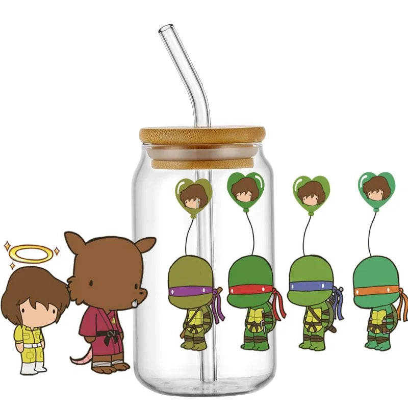 Cartoon Turtle Decal Stickers | Waterproof UV DTF Wrap for 16oz Libbey Glass lifestyle view