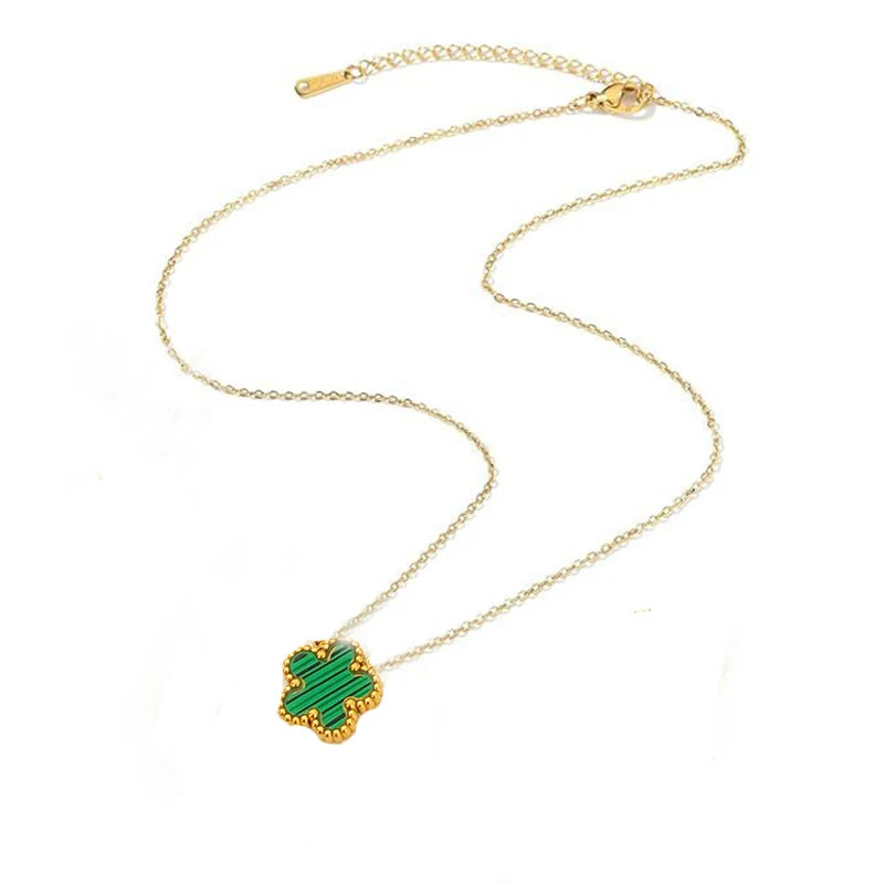 14K Gold Plated Stainless Steel Necklace Woman Five Leaf Petals Double Sided Necklace lifestyle view