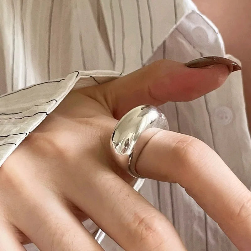 VENTFILLE 925 Sterling Silver Trend Arched Wide Ring For Female Geometry Punk Design J close-up view