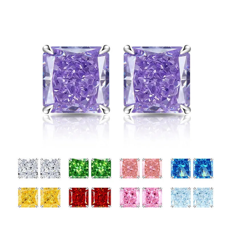 High Carbon Diamond Square 925 Sterling Silver Stud Earrings Premium Color Ice Flower Cut Ladies Ban