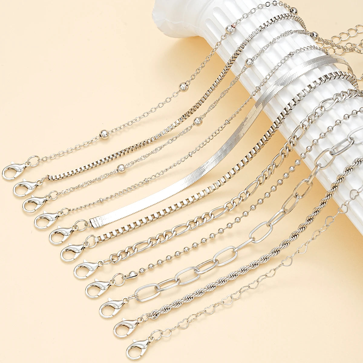 11Pcs/Set Boho Twisted Flat Snake Chain Anklet for Women Summer Beach Vintage Barefoot close-up view