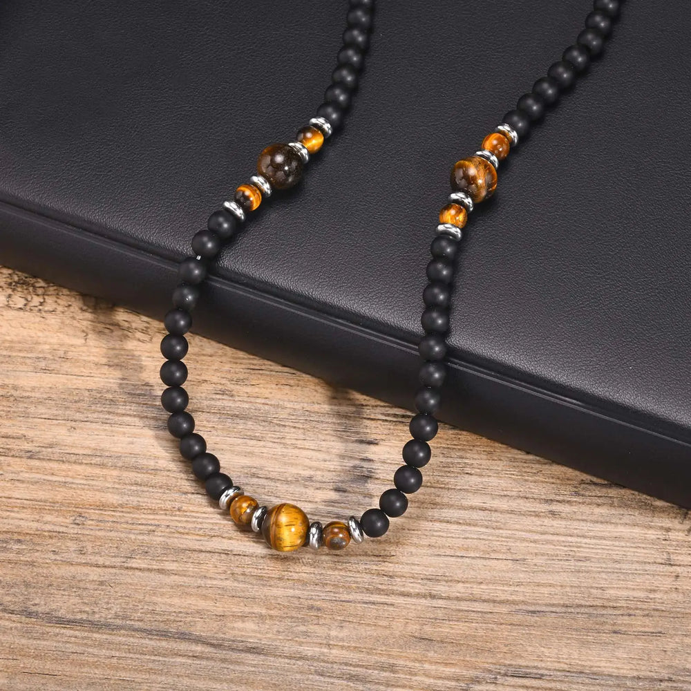 Casual Black Brown Beaded Necklace for Men | Summer Beach Tiger Eye Stone Jewelry lifestyle view