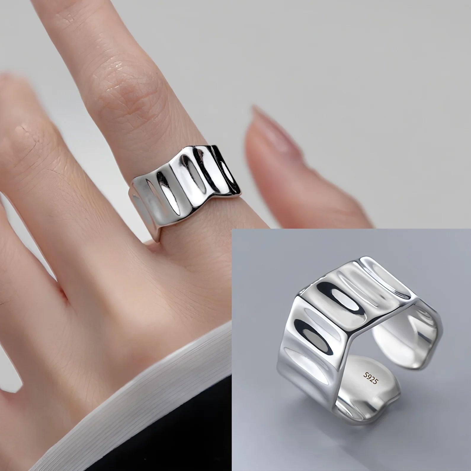 PANJBJ 925 Sterling Silve Multilayer Irregular Geometric Ring for Women Simple Char additional angle