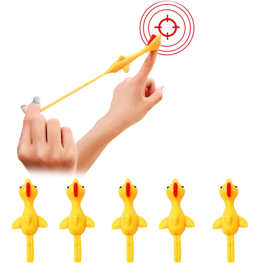 6-12pcs Novelty Catapulted Ejection Chicken Toy Light Rubber Finger Prank Flying Toy lifestyle view