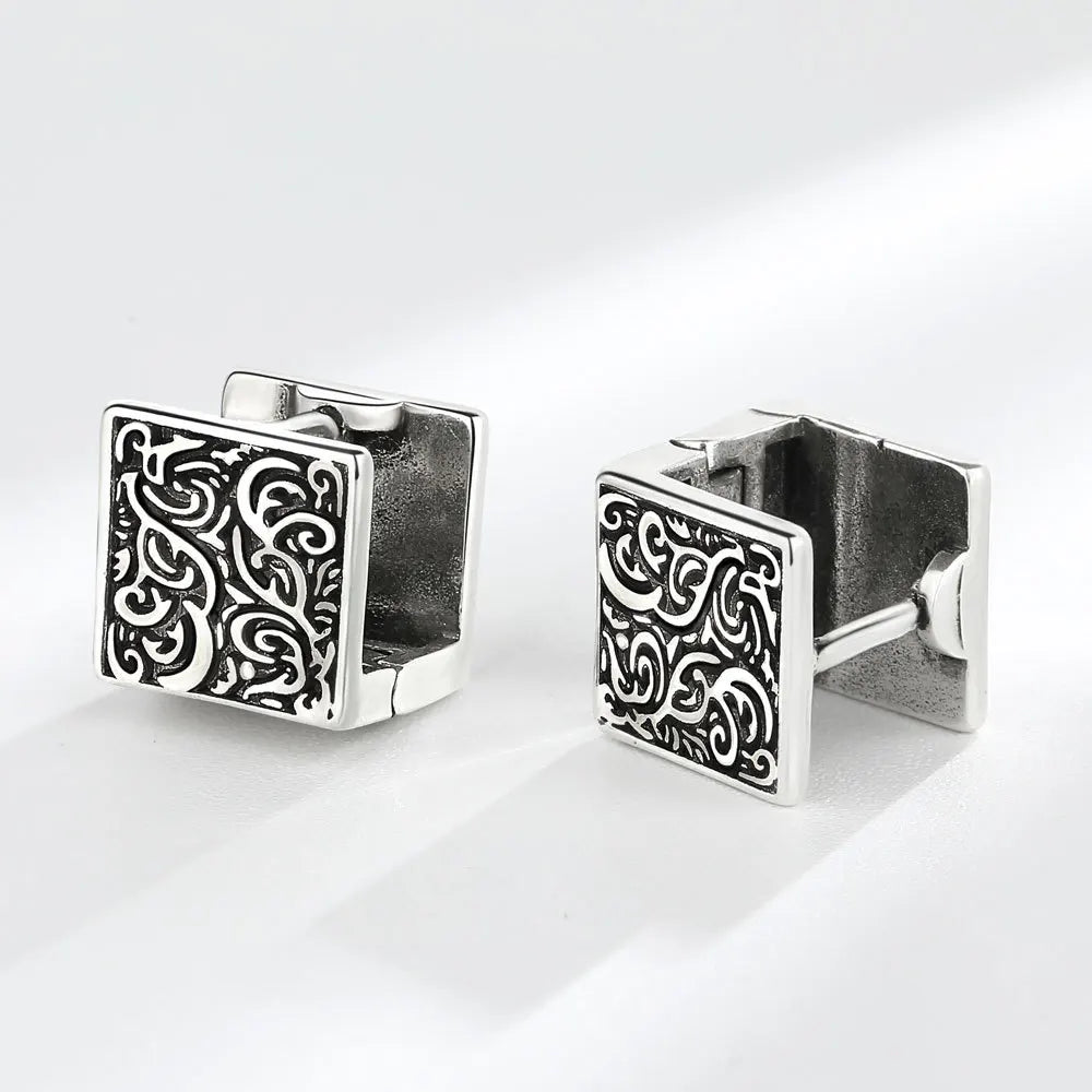 Vintage Ethnic Thai Silver Square Hoop Huggie Earrings for Women Men Chic Pattern Square Earring Hip Hop Rock Rap Cool Jewelry