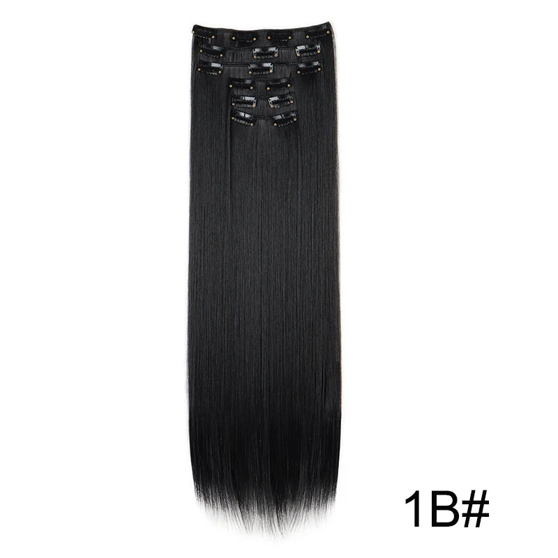 Synthetic 24 Inch Clip In Hair Extensions | Long Straight Blonde Black Heat Resistant close-up view