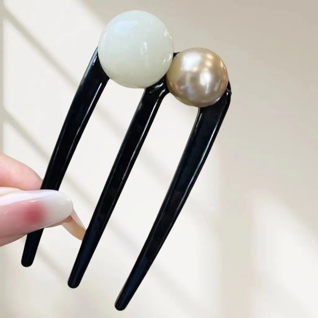 U-Shaped Hairpins French Twist Pearl Beads Hair Stick Hair Clip Acetate Vintage Tortoise Shell Women Hair Bun Pins Headwear Blac