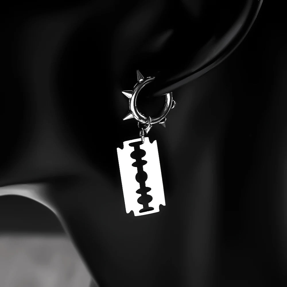 Gothic Punk Spike Rivet Razor Blade Hoop Earrings for Women Men Black Silver Color Stain detail view