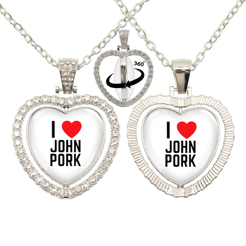 John Pork is Calling Answer Call Phone Humor Funny Pig Lover Graphic Glass Cabochon Heart-Shape Pendant Necklace Jewelry Gift