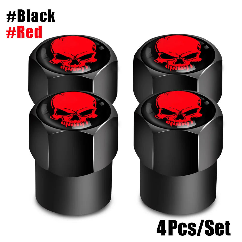 Red Skull Logo Valve Caps 4 Pcs Aluminum Alloy Tire Stem Covers lifestyle view