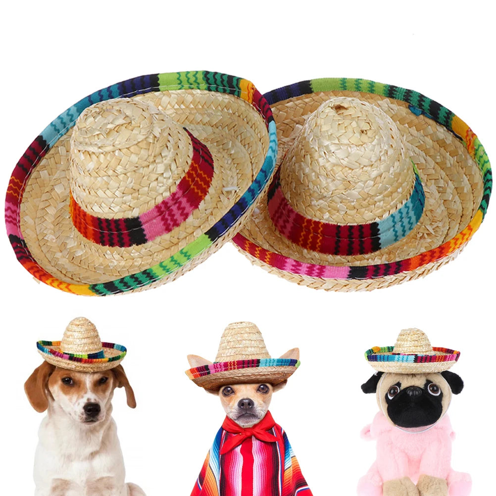 Colorful Mini Pet Straw Sombrero Hat | Dog Cat Sun Hat for Beach Parties