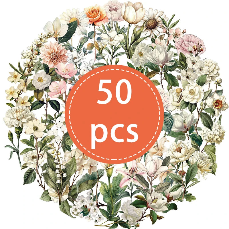 50PCS Transparent Vintage Floral Stickers | Nature Plant Flower Scrapbook Decals alternate view