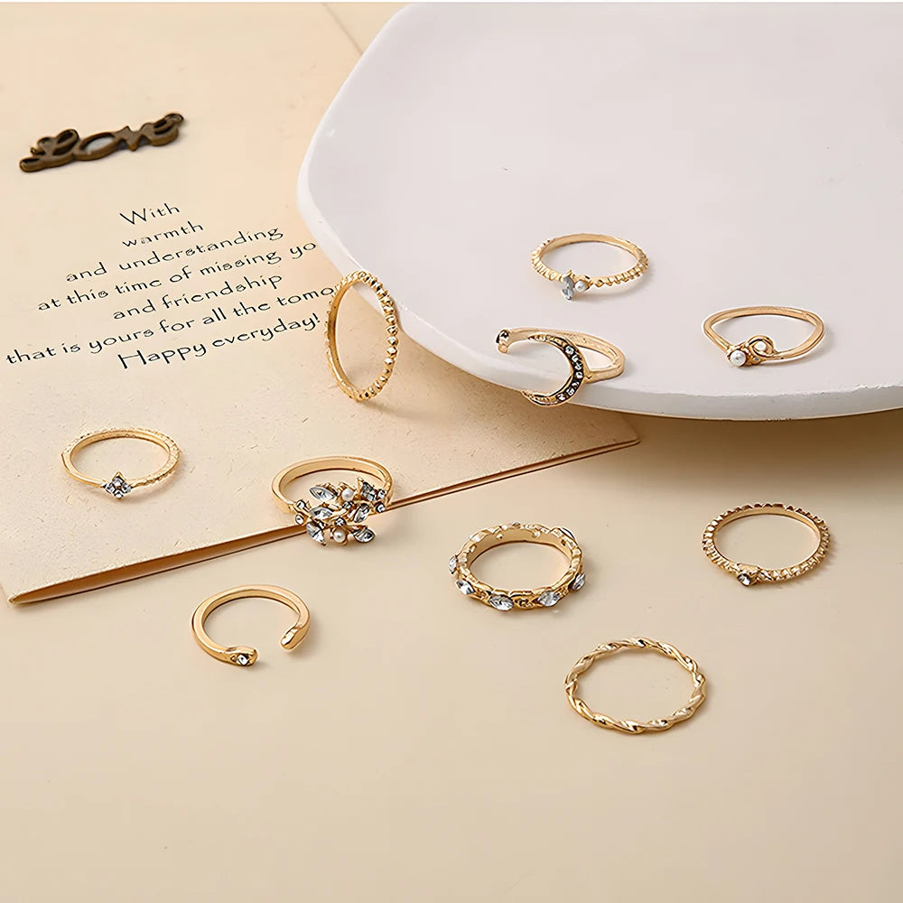 10Pcs Rings Suit For Women Gold-color Chain Ring Set Bohemian Style Coin Snake Moon additional angle