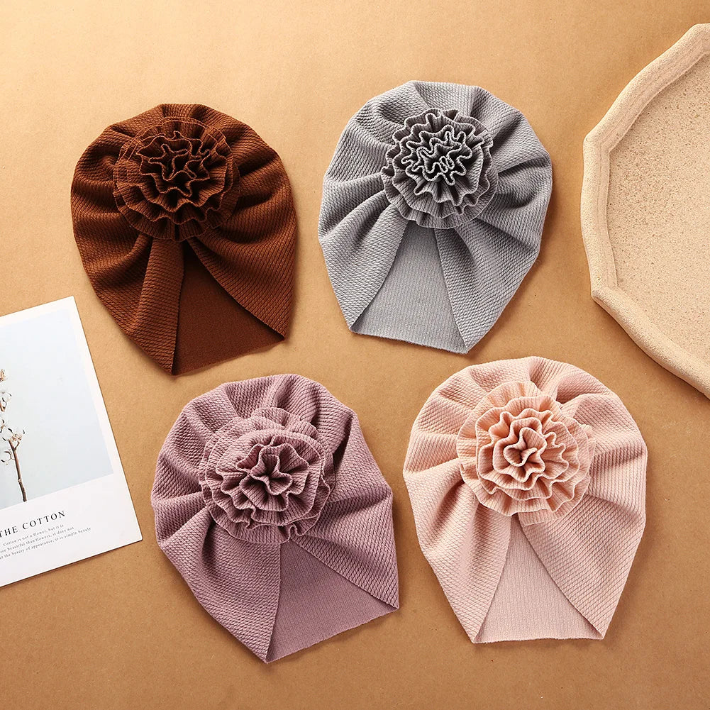 Big Blossom Flower Ribbed Turban Baby Hat | Soft Cotton Topknot Bonnet for Newborns and detail view