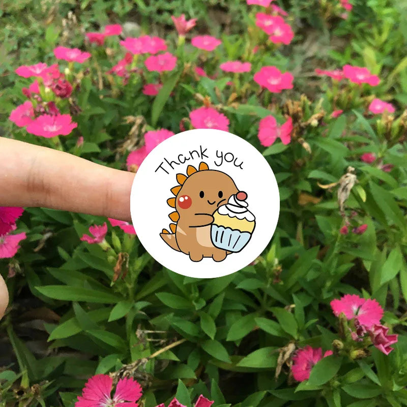 50/100/500pcs Cartoon Dinosaur Thank You Stickers | 1 Inch Round Labels for Packaging lifestyle view