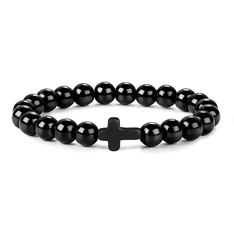 Prayer Men Natural Stone Wood Beads Rosary Hematite Cross Bracelets Onyx Meditation Brac detail view