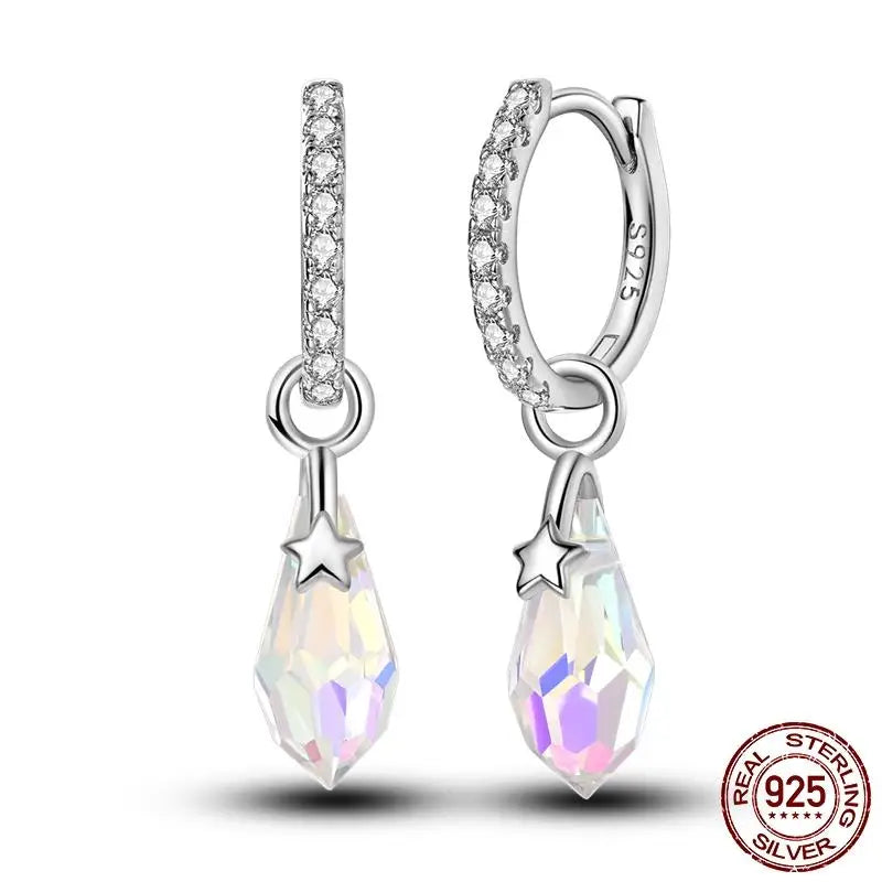 Luminous Shell Women Earrings Original 925 Sterling Silver Pave CZ Star Moon Hoop Earrings Engagement Wedding Jewelry