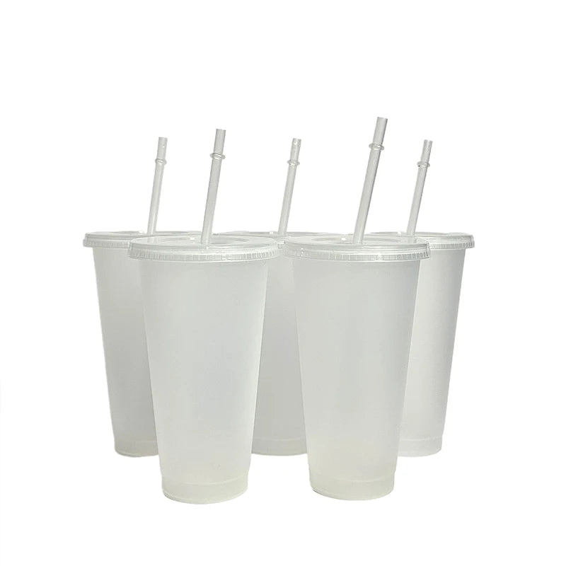 710ml White Straw Mug With Lid Color Changing Coffee Mug Reusable Cup Plastic Matte Fini detail view