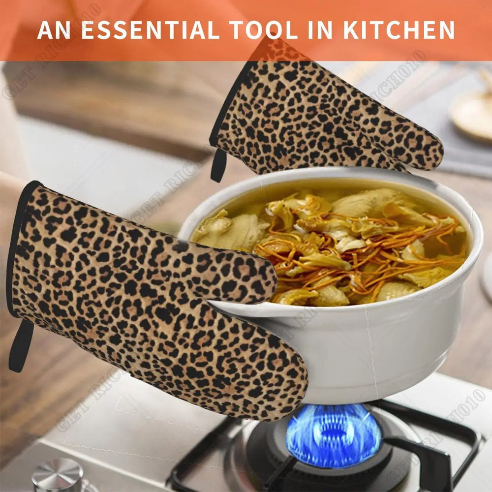 Leopard Print Oven Gloves Set | Heat Resistant Kitchen and BBQ Gloves additional angle
