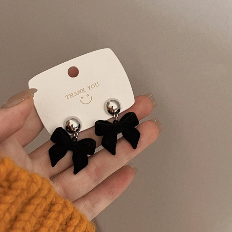 Vintage Black Flocking Bowknot Earrings | Geometric Drop Earrings for Women alternate view