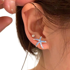 1Pair Fashionable Summer Blue Full Diamond Starfish Ear Studs Sweet Small Stud Earrings For Women Gi