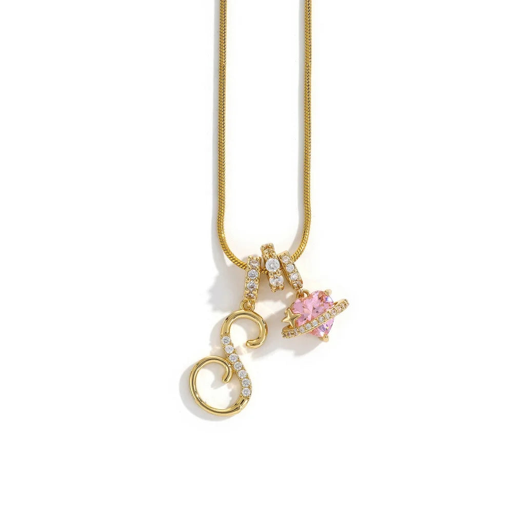 Gold Color Zircon Flower Pendant Necklace Female A-Z 26 Letter Alphabet Wedding Jewel lifestyle view