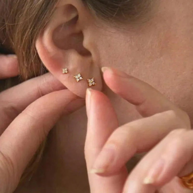 2/3Pcs Dainty CZ Flower Stud Earrings For Women, 18K Gold Plated Tiny Small Cute Cartilage Helix Tra