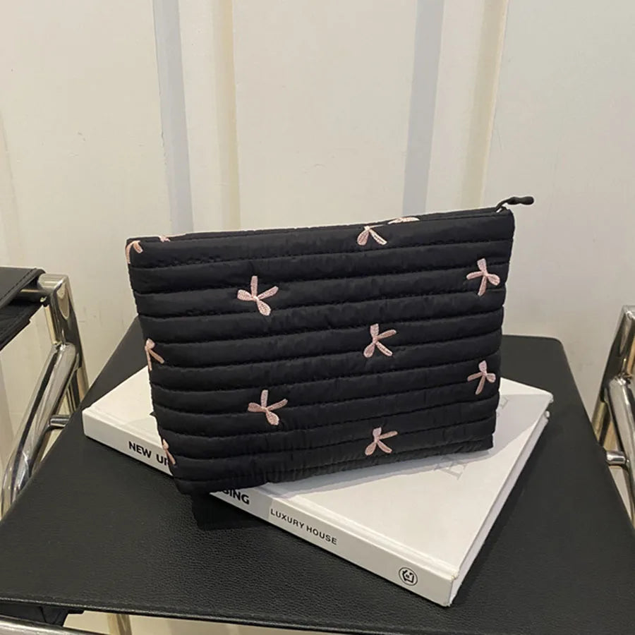 Cute Makeup Bag with Zipper Large Capacity Cosmetic Bag Embroidery Bow Wash Storage B alternate view